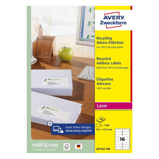 Pakningsbillede: Avery Zweckform Genbrug Forsendelsesetiketter, Artikel: LR7162-100, Format: 99,1 x 33,9 mm, Udskrivningsegnethed: Laser s/h, Farvelaser, Indhold: 1.600 etiketter / 100 ark, 16 etiketter/ark.