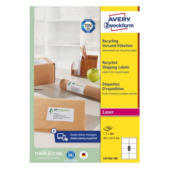 Pakningsbillede: Avery Zweckform genbrug forsendelsesetiketter, Artikel: LR7165-100, Format: 99,1 x 67,7 mm, Udskrivningsegnethed: Sort/hvid laser, farvelaser, Indhold: 800 etiketter / 100 ark, 8 etiketter/ark.
