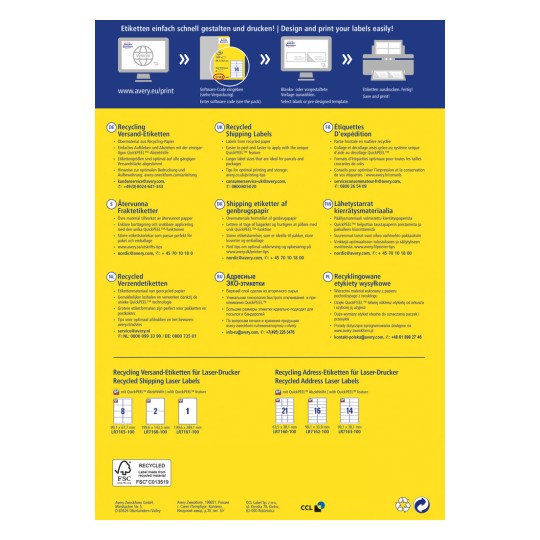 Billedet viser en flersproget guide til Avery genbrugsmærker, der giver trin til design, print og tips til optimal brug, herunder forskellige mærkningsformater og information på forskellige sprog.