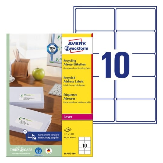 Pakkeillustration med etiketark: Avery Zweckform Genbrugsadresseetiketter, Artikel: LR7173-100, Format: 99,1 x 57 mm, Egnede printere: Laser s/h, Farvelaser, Indhold: 1.000 etiketter / 100 ark, 10 etiketter/ark.
