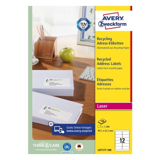 Emballagebillede: Avery Zweckform genbrug forsendelsesetiketter, artikel: LR7177-100, format: 99,1 x 42,3 mm, printeregnethed: Laser s/h, farvelaser, indhold: 1.200 etiketter / 100 ark, 12 etiketter/ark.