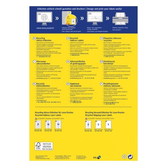 Billedet indeholder information om genbrugte adresseetiketter og deres trykkevejledning på flere sprog. Det inkluderer detaljer om brug, tips til optimal udskrivning og etiket specifikationer. Designet fremhæver nem udskrivning og QuickPEEL-funktionen for etiketter, sammen med kontaktoplysninger til kundeservice.