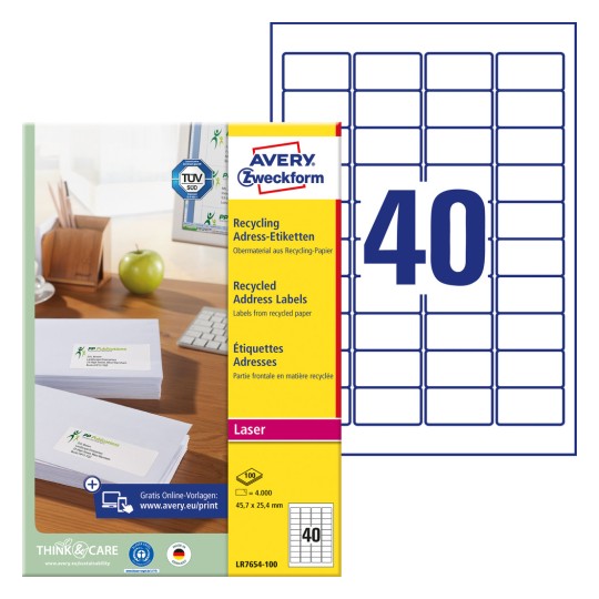 Pakningsbillede med etiketark: Avery Zweckform genbrug adresse-etiketter, artikel: LR7654-100, format: 45,7 x 25,4 mm, print-egnethed: sort/hvid laser, farvelaser, indhold: 4.000 etiketter / 100 ark, 40 etiketter/ark.