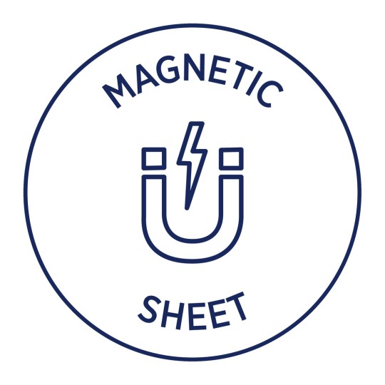 Billedet har et cirkulært design med teksten 'MAGNETIC SHEET' og en illustration af en U-formet magnet med et lyn i midten.