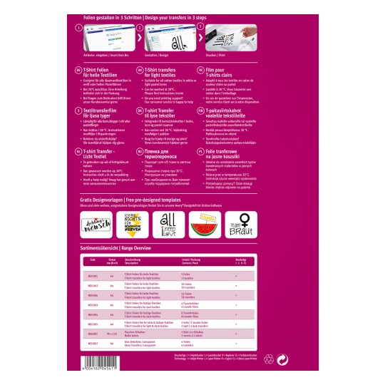 Billedet viser en farverig informationsgrafik om design af T-shirt overførsler. Den indeholder instruktioner på flere sprog om, hvordan man bruger overførselsfolie til tekstiler, sammen med en række oversigter over produktkoder, formater, mængder og tryktyper. Der er også eksempeldesigns vist nederst.