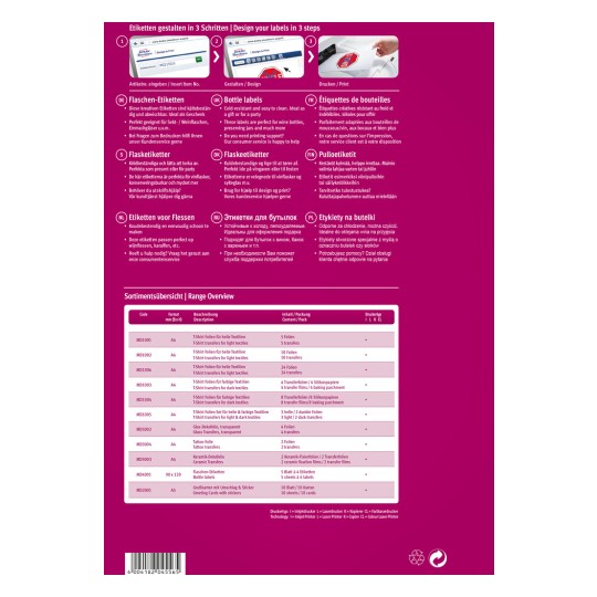 Billedet viser design og trykmuligheder for etiketter, herunder forskellige typer etiketter til flasker og tekstiler, med instruktioner på flere sprog. Det opregner produktkoder, formater, beskrivelser, indhold og pakningsdetaljer. Layoutet er farverigt og organiseret for at give et klart overblik over de tilgængelige produkter.