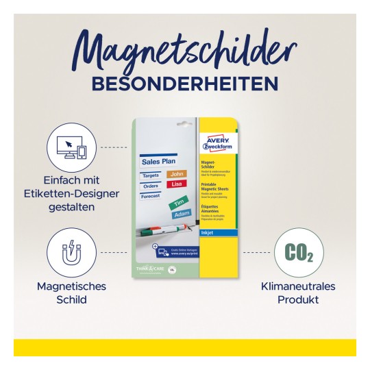 Billedet viser en produktpakke for magnetiske ark fra Avery Zweckform, der fremhæver funktioner som nem design med et online værktøj, magnetiske ark til at skabe skilte og nævner klimaneutralitet.