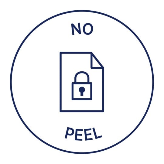 Billedet viser et advarselsskilt med teksten 'NO PEEL' omkring en grafik af et låst dokument, hvilket indikerer, at dokumentet ikke må pilles af, muligvis af sikkerheds- eller fortrolighedsgrunde.