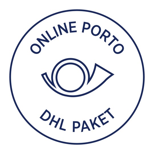 Billedet indeholder et cirkulært logo eller stempel, der siger 'ONLINE PORTO' øverst og 'DHL PAKET' nederst, med en øjelignende grafik i midten.