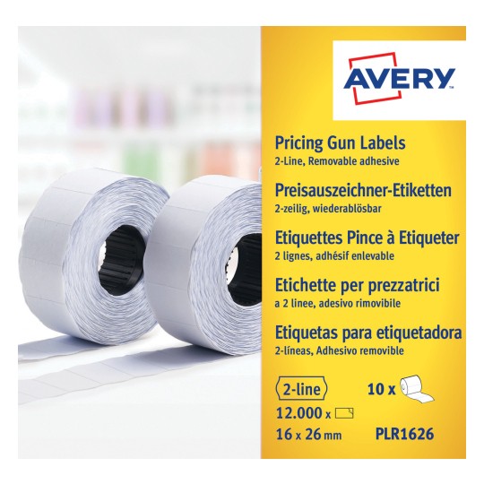 Pakkeafbildning: Avery Zweckform Etiketter, Artikel: PLR1626, Format: 26 x 16 mm, Indhold: 12.000 etiketter / 10 ruller, 1.200 etiketter/rulle?