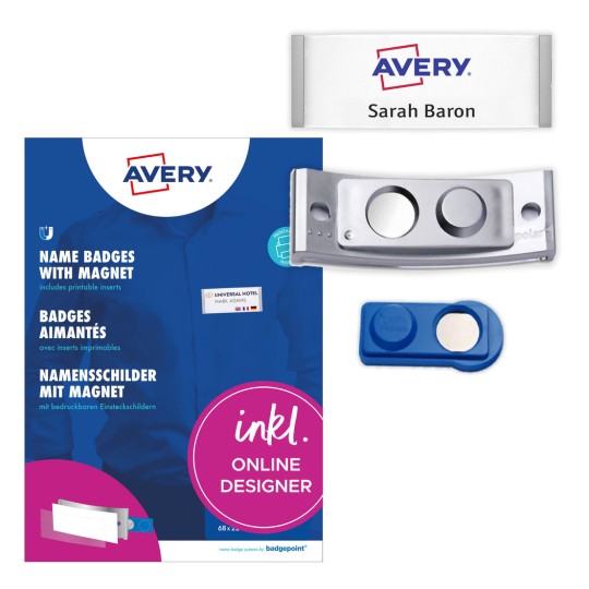 Pakningsbillede med etiketark: Avery Zweckform, Artikel: POL20MA66-5DR, Magnetiske navneskilte, Format: 68 x 22 mm, Printkompatibilitet: Farvelaser, Sort/hvid laser, Inkjet, Indhold: 5 skilte / 24 indstikskilte / 1 ark, 24 kort/ark?
