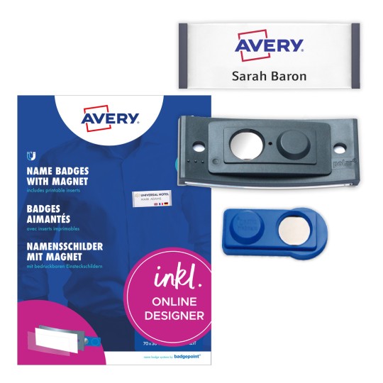 Pakkeillustration med etiketark: Avery Zweckform, Artikel: POL30MA02-20DR, Magnetiske navneskilte, Format: 70 x 30 mm, Print egnethed: Farvelaser, Sort/hvid laser, Inkjet, Indhold: 20 skilte / 90 indsætsskilte / 5 ark, 18 kort/ark