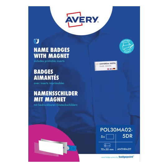 Pakkeillustration: Avery Zweckform, Artikel: POL30MA02-5DR, Format: 70 x 30 mm, Printeregnethed: Farvelaser, Laser s/h, Inkjet, Indhold: 5 skilte/ 18 instikskilte/ 1 ark, /ark?