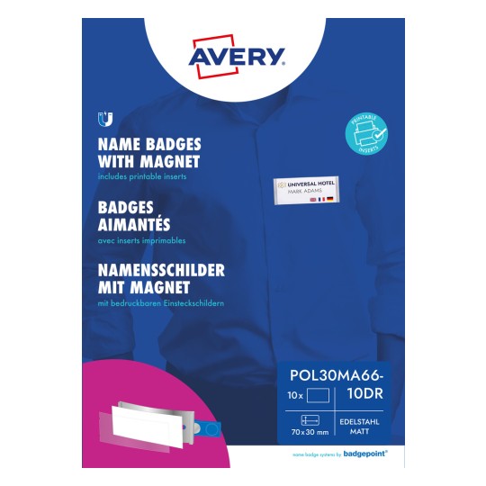 Pakningsbillede: Avery Zweckform, Artikel: POL30MA66-10DR, Format: 70 x 30 mm, Printeregnet: Farvelaser, Laser s/h, Inkjet, Indhold: 10 skilte / 36 indsætningsskilte / 2 ark / ark?