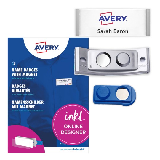 Pakkeillustration med etiketark: Avery Zweckform, Artikel: POL30MA66-5DR, Magnetiske navneskilt, Format: 70 x 30 mm, Print kompatibilitet: Farvelaser, Laser s/h, Inkjet, Indhold: 5 skilte / 18 indsætsskilt / 1 ark, 18 kort/ark?