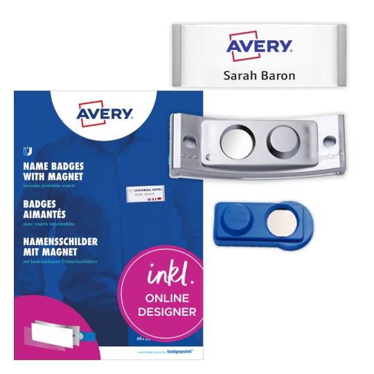 Pakkeillustration med etiketark: Avery Zweckform, Artikel: POL35MA66-5DR, Magnetiske navneskilte, Format: 80 x 34 mm, Printeregnet: Farvelaser, Laser s/h, Inkjet, Indhold: 5 skilte / 16 indstiksskilte / 1 ark, 16 kort/ark?