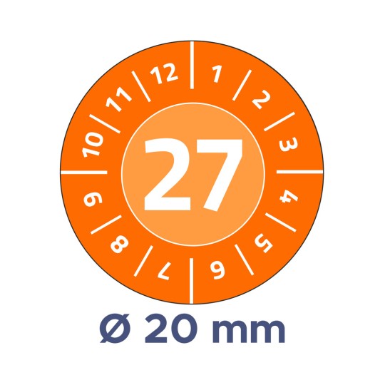Billedet viser en cirkulær måler eller urskive markeret med tal fra 1 til 12 og fremhævet med tallet 27 i midten. Diameteren er angivet som 20 mm.