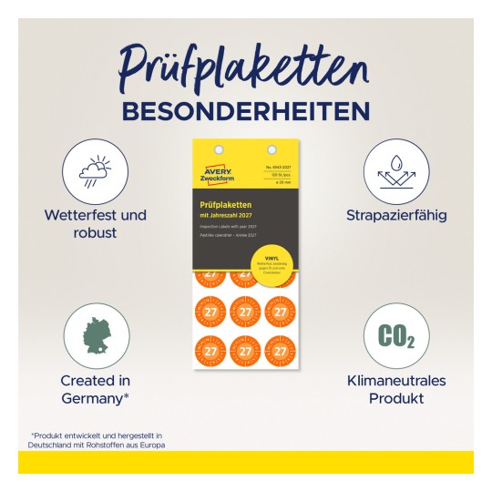 Billedet viser inspektionsmærker (Prüfplaketten) for året 2027. Det fremhæver egenskaber som at være vejrbestandige, robuste, holdbare og klimaneutrale. Mærkerne er trykt på vinyl, med nummeret 27 tydeligt vist på dem.