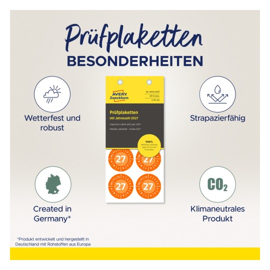 Billedet viser inspektionsmærker for året 2027 og fremhæver funktioner som vejrbestandighed, holdbarhed og klimaneutralitet. Det indeholder detaljer om, at produktet bliver udviklet og produceret i Tyskland.