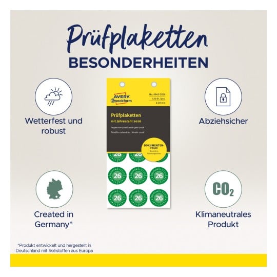 Billedet viser et produkt kaldet 'Prüfplaketten' fra Avery Zweckform, som indeholder en pakke inspektionsmærker for året 2026, der fremhæver dets vandafvisende, robuste og CO2-neutrale egenskaber. Det angiver, at det er fremstillet i Tyskland og inkluderer en visuel fremstilling af disse funktioner.