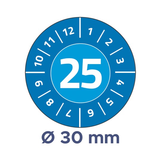 Billedet viser en cirkulær måler med tallet 25 fremtrædende i midten, omgivet af tal fra 1 til 12 og yderligere markeringer. Under cirklen står teksten 'Ø 30 mm'.