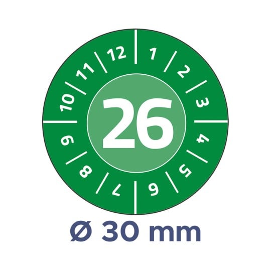 Billedet viser en grøn cirkulær enhed med tallet 26 tydeligt vist i midten, omgivet af tal fra 1 til 12 og yderligere markeringer. Nederst står der 'Ø 30 mm', hvilket angiver en diameter.