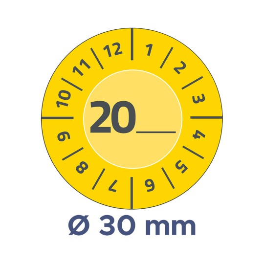 Billedet viser en cirkelformet skive med tal fra 1 til 12 og et fremhævet tal 20 i midten, mærket med en diameter Ø 30 mm.