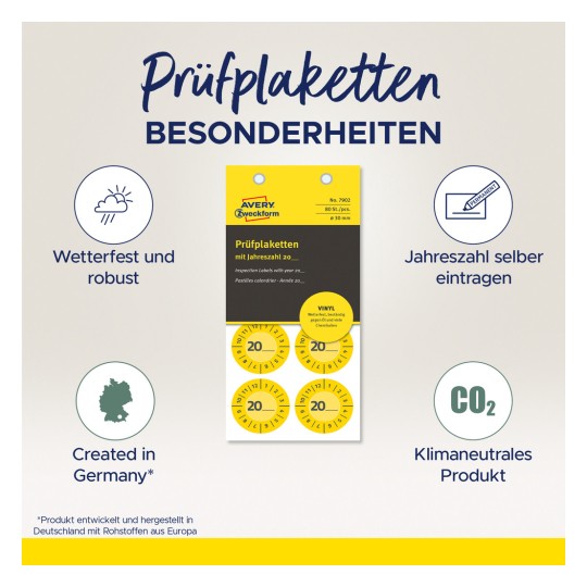Billedet indeholder et produkt kaldet 'Prüfplaketten' fra Avery Zweckform, som omfatter vandtætte inspektionsetiketter med et felt til at udfylde året, designet i Tyskland. Produktet fremhæver sin robusthed, klimaneutralitet og alsidighed.