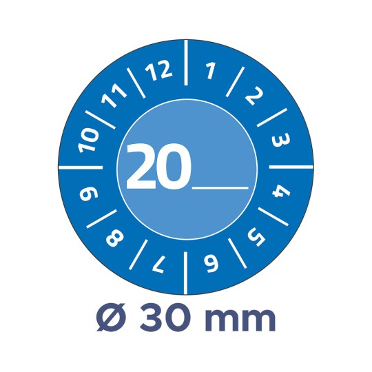 Billedet viser en cirkulær måler eller skive med tal fra 1 til 12 og 1 til 12 rundt om kanten. Tallet '20' er fremtrædende i midten, og der er en etiket, der angiver 'Ø 30 mm' under cirklen.