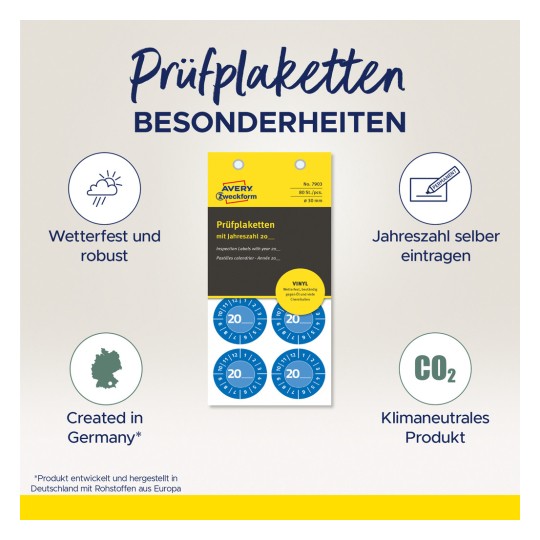 Billedet viser en produktannonce for inspektionsetiketter fra Avery Zweckform. Det fremhæver egenskaber som vejrbestandighed, muligheden for manuelt at indtaste året, og at produktet er fremstillet i Tyskland og er klimaneutralt.