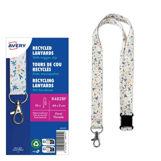 Et billede, der viser genbrugte nøgleremme med en udløserklemme, med et blomsterdesign. Emballagen inkluderer detaljer om produktet, herunder størrelse og specifikationer.