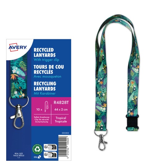 Et billede, der viser genbrugte nøglesnore med tropisk design, udstyret med en trigger clip. Emballagen inkluderer branding og produktdetaljer på flere sprog.