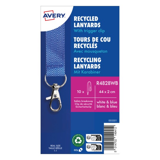 Dette billede viser en emballageetiket for genbrugte nøgleremme fra Avery, med et blåt og hvidt design, en udløserclips, genbrugssymboler og produktoplysninger.