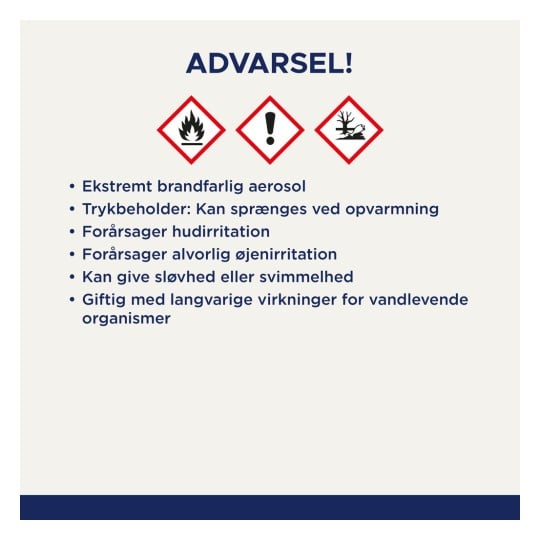 Billedet indeholder en advarselsmeddelelse på dansk om et ekstremt brandfarligt aerosolprodukt. Det inkluderer symboler, der angiver brandfare, generel fare og miljøfare, sammen med forskellige sikkerhedsadvarsler.