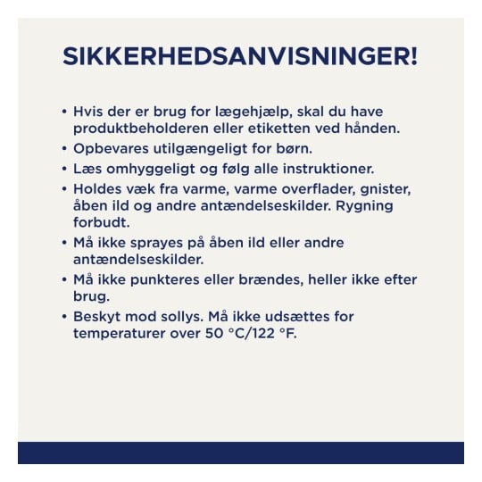 Billedet indeholder sikkerhedsinstruktioner på dansk vedrørende brug og håndtering af et produkt, inklusive advarsler om brug i nærheden af varmekilder, flammer og børn.