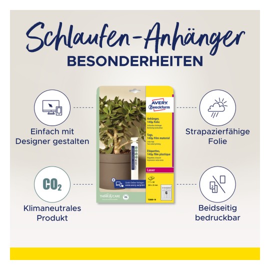 Billedet viser et emballagedesign for Avery Zweckform-tags. Det fremhæver forskellige funktioner såsom nemt design, holdbart filmmateriale, klimaneutral produktstatus og tosidet tryk.
