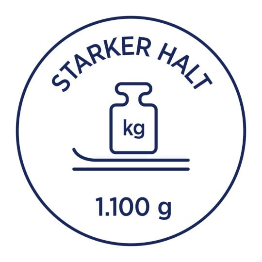Billedet har et cirkulært design med teksten 'STÆRKERE GREB' og en illustration af en vægt med 'kg' skrevet på den, samt tallet '1.100 g' nederst.