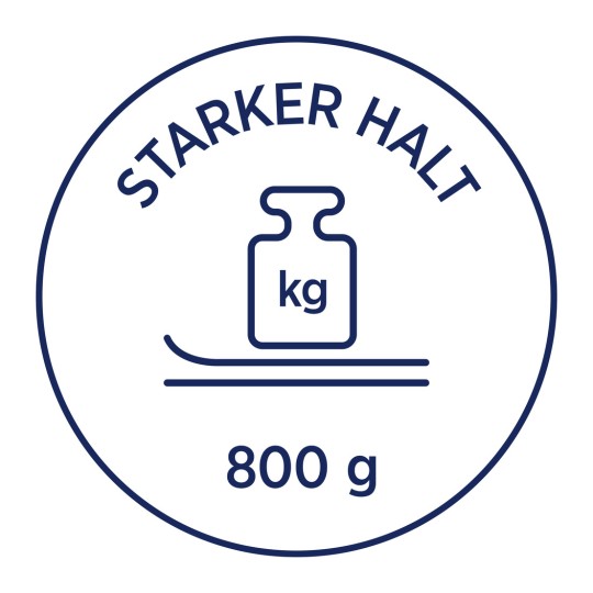 Billedet viser en etiket eller et ikon med teksten 'STARKER HALT' øverst, der viser et vægtsymbol (en vægtformet flaske) med 'kg' skrevet på. Nedenunder står vægten '800 g'.
