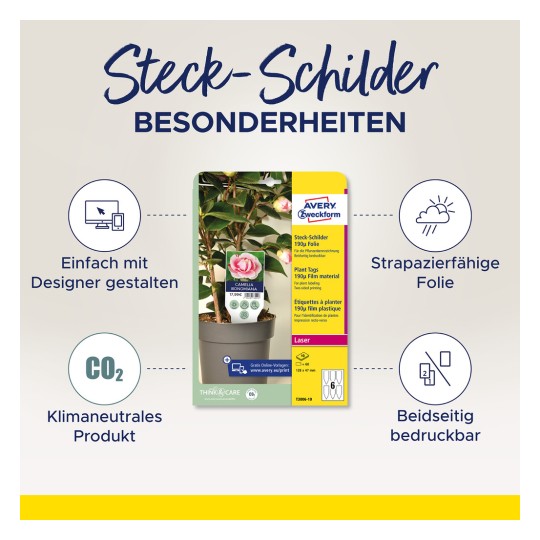 Billedet viser en produktpakke for plantemærker fra Avery Zweckform, der fremhæver funktioner som tilpasseligt design, holdbart filmmateriale og CO2-neutralitet. Produktet er velegnet til laserprint og kan printes på begge sider.