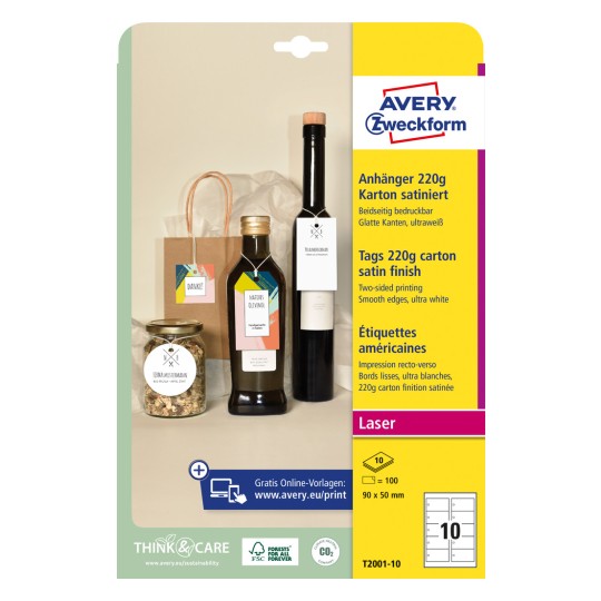 Emballagebillede: Avery Zweckform, Artikel: T2001-10, Format: 90 x 50 mm, Printeregnet: Laser s/h, Farvelaser, Indhold: 100 tags / 10 ark, 10 tags/ark