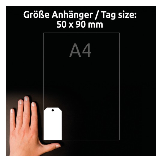 Billedet viser en hånd ved siden af en mærkestørrelse på 50 x 90 mm, med en A4-dimension angivet.