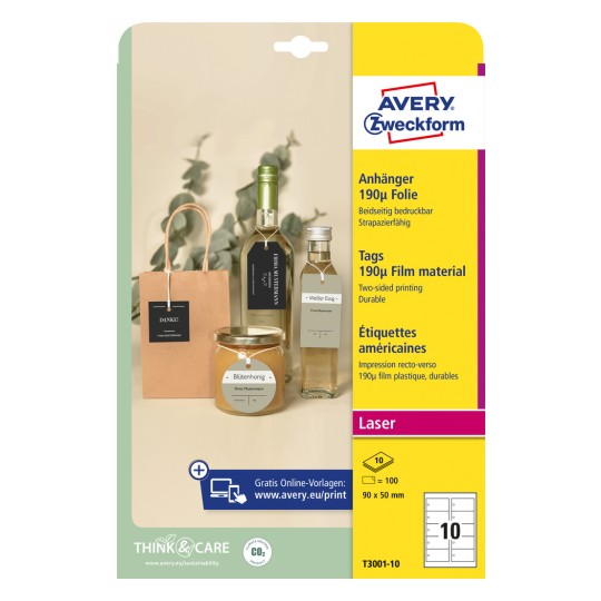 Emballagebillede: Avery Zweckform, Artikel: T3001-10, Format: 90 x 50 mm, Trykegnethed: Laser s/h, Farvelaser, Indhold: 100 vedhæng / 10 ark, 10 vedhæng/ark.