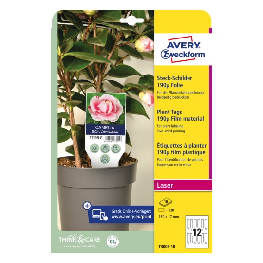 Pakningsbillede: Avery Zweckform, Artikel: T3005-10, Format: 100 x 20 mm, Printeregnethed: Laser s/h, Farvelaser, Indhold: 120 stykker / 10 ark, 12 stykker/ark