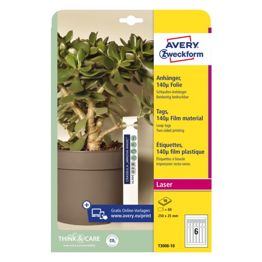 Pakningsbillede: Avery Zweckform, Artikel: T3008-10, Format: 250 x 25 mm, Printbarhed: Laser s/h, Farvelaser, Indhold: 60 mærkater / 10 ark, 6 mærkater/ark.