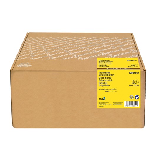 Pakningsbillede: Avery Zweckform Thermo-etiketter, Artikel: TD8050-25, Format: 102 x 152 mm, Printeregnet: Termodirekte printere, Indhold: 950 etiketter / 2 ruller, 475 etiketter/rulle.