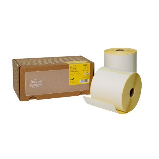 Emballagebillede med etikettrulle: Avery Zweckform termodirekte forsendelsesetiketter, Artikel: TD8050-25, Format: 102 x 152 mm, Printerkompatibilitet: termodirekte printere, Indhold: 950 etiketter / 2 ruller, 475 etiketter/rulle.