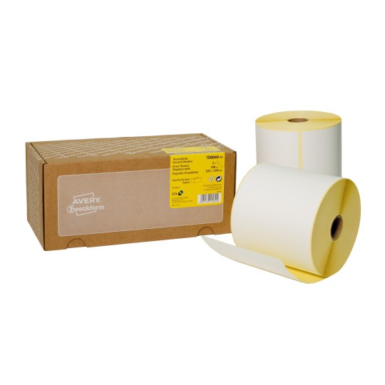 Pakningsbillede med etikettrulle: Avery Zweckform Thermodirekt forsendelsesetiketter, Artikel: TD8060-25, Format: 103 x 199 mm, print-egnethed: Thermodirekt-printer, Indhold: 700 etiketter / 2 ruller, 350 etiketter/rulle.