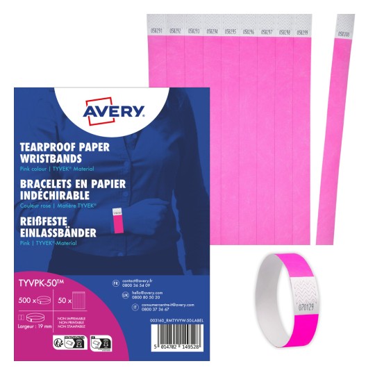 Et billede, der viser en pakke med pinke rivefaste papirarmbånd fra Avery, hvor emballagen og nogle af armbåndene præsenteres.