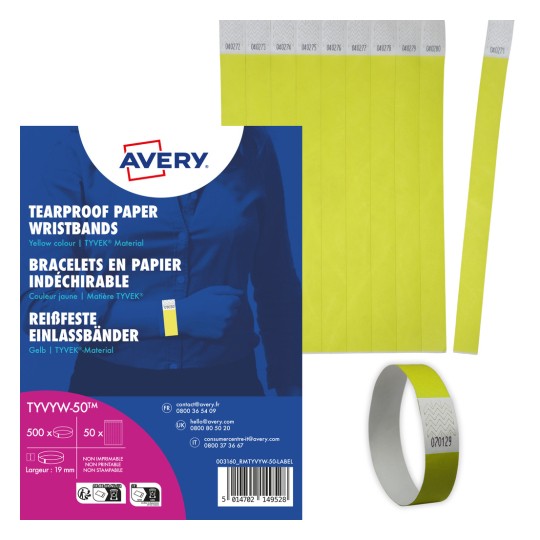 Billedet viser en pakke med rivefaste papir-armbånd i gul farve, designet af TYVEK-materiale, med forskellige serienumre. Der medfølger et armbånd til demonstration.