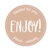 Rund forseglingsetiket med teksten "ENJOY" og "Sealed for you Tamper - proof"